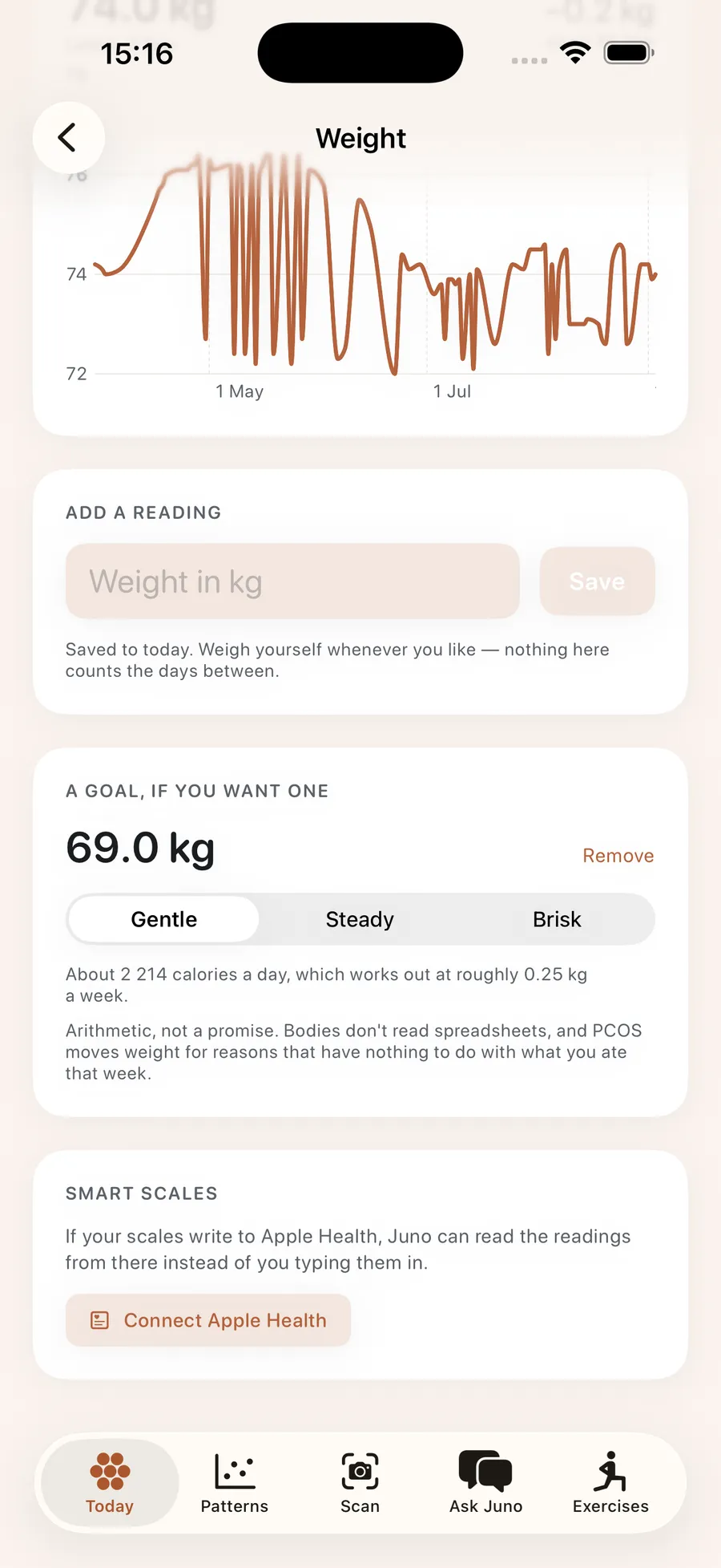 The energy plan card, worked out from a goal weight the user set herself