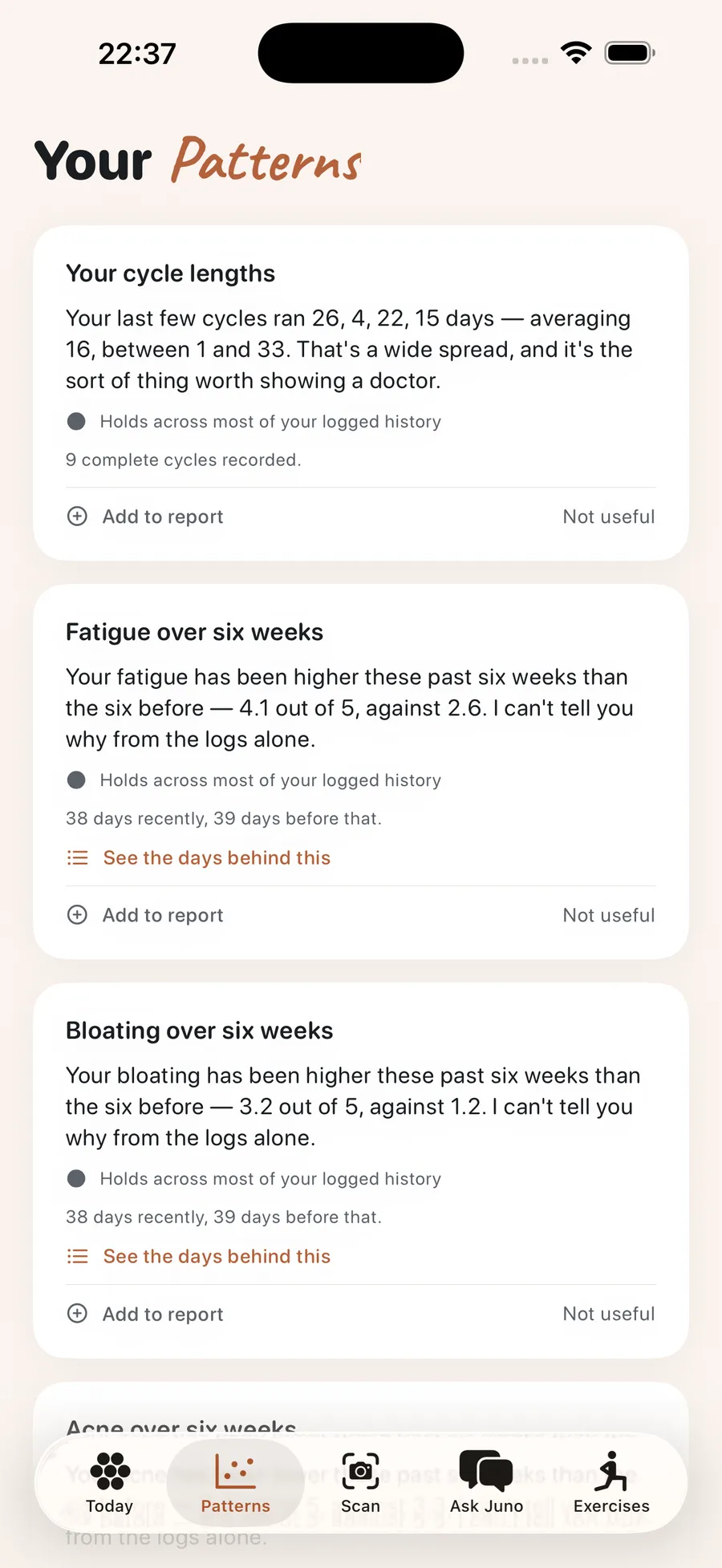 The Patterns screen, listing findings computed from the log with the days behind each one